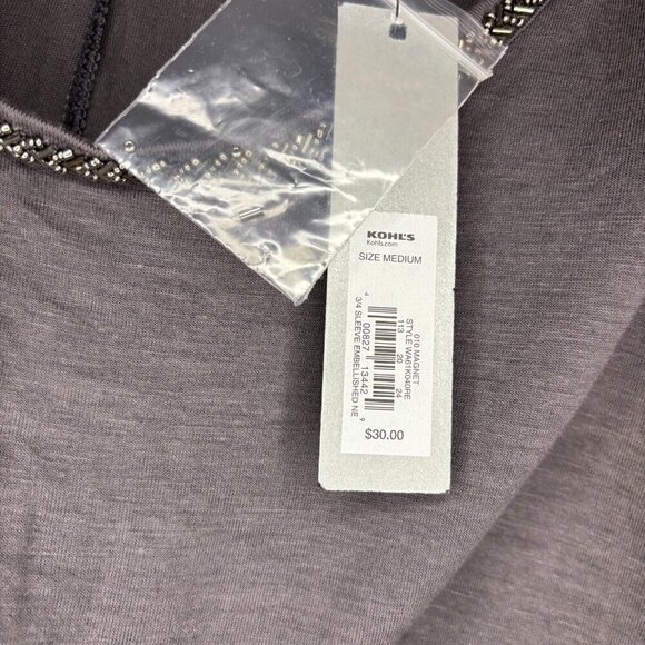 APT 9 NEW Tee Women M Brown Embellished 3/4 Raglan Sleeve Soft Stretch - Picture 4 of 6